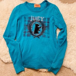 JUICY COUTURE teal aqua blue scottie dog long sleeve womens cotton top tee shirt